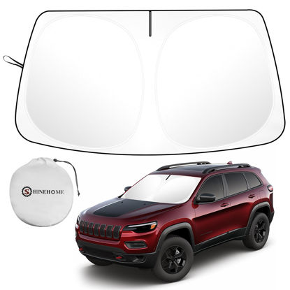 Picture of SHINEHOME Car Windshield Sun Shade Compatible for Jeep Cherokee 2014-2024 Trailhawk, Overland, Limited, Latitude, Altitude Accessories 2024 Upgrade Foldable Sunshade Custom Windshield Sun Visor