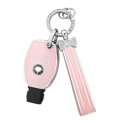 Picture of PIFOOG for Mercedes Key Fob Cover 3 Button Pink TPU Bling Car Key Chain Accessories Keys Case Shell Protector for Mercerdes Benz AMG GLC GLA CLA GLS GLE GLK CLS C 300 G E S ML Class Women Girly