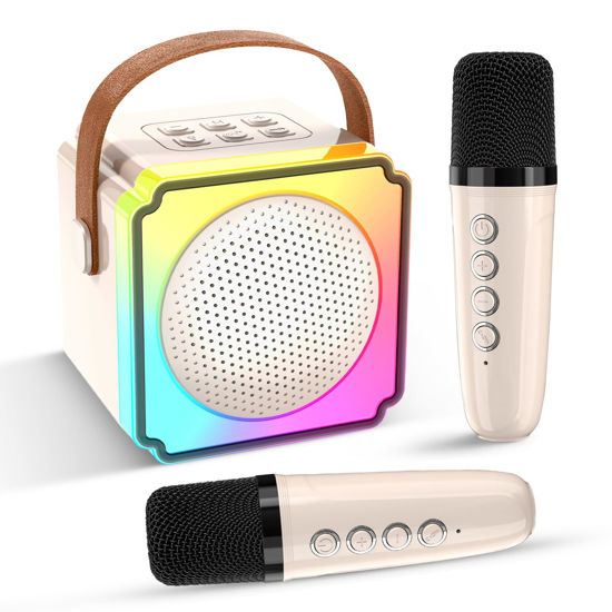Picture of Mini Karaoke Machine for Kids and Adults,Portable Bluetooth Karaoke Machine with 2 Wireless Microphones, Kids Karaoke Machine for Home Party,Birthday Gifts for Girls Boys（Beige）
