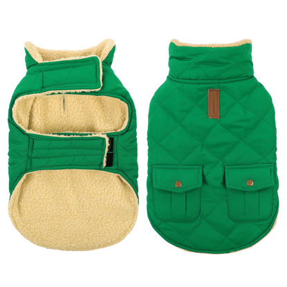 Picture of Queenmore Warm Dog Coat, Cold Weather Puffer Dog Coat Vest, Quilting Winter Dog Jacket Ultra Thick Plush Fleece Lining Pet Clothes for Dogs with Storage Pockets (Forest Green,Large)