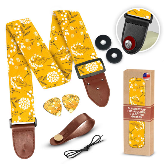 Picture of Guitar Strap For Acoustic Guitars , Electric Guitars and Bass Yellow Spring, Includes 2 Strap Locks To Keep Your Guitar Safe Adjustable Guitar Strap & 2 Unique Picks and Pick Pocket Guitar Accessories