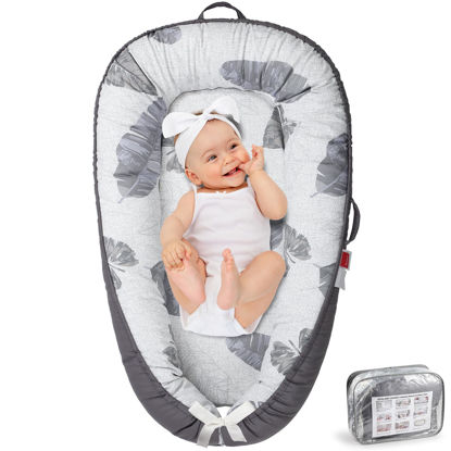 Picture of BUTOA Baby Lounger - Baby Lounger for Newborn 0-24 Months, Co Sleeping Breathable & Soft Baby Nest, Portable and Lightweight Infant Lounger Newborn Babies Essentials Gifts, Grey Leaves