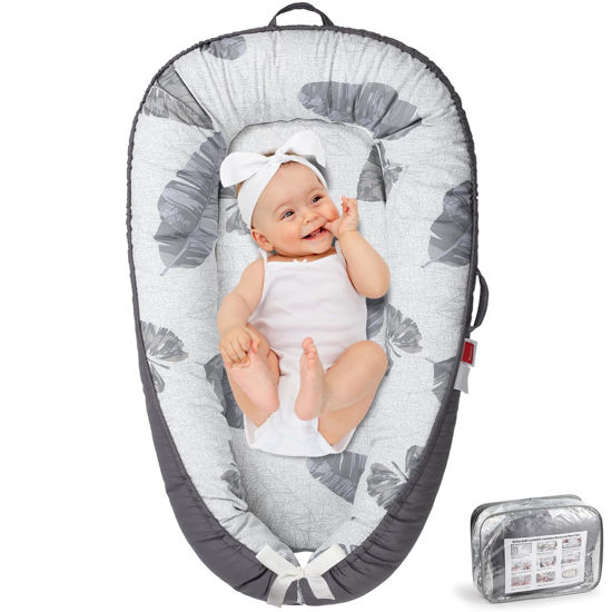 Picture of BUTOA Baby Lounger - Baby Lounger for Newborn 0-24 Months, Co Sleeping Breathable & Soft Baby Nest, Portable and Lightweight Infant Lounger Newborn Babies Essentials Gifts, Grey Leaves