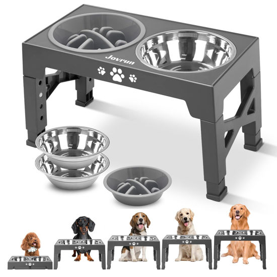 Picture of Jovrun Elevated Dog Bowls, Dog Feeder with 2 Stainless Steel Bowls &1 Slow Feeder Dog Bowls, 5 Heights Adjustable Raised Dog Bowls Stand for Medium Large Dogs, Dog Food Bowls with Non-Slip Feet
