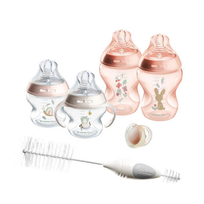 Picture of Tommee Tippee Natural Start Baby’s First Bottle Set, 2 x 5oz and 2 x 9oz Anti-Colic Bottles, Slow and Medium Flow Nipples, 0-6 month Pacifier, Self-Sterilizing, Pink
