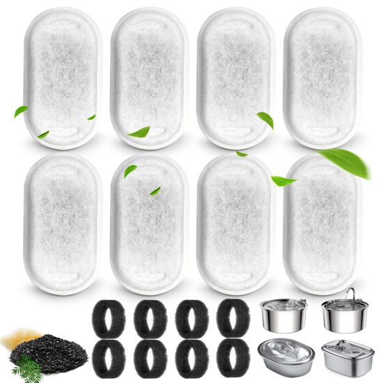 Picture of Cat Water Fountain Filters for 108/3.2L& 67oz/2L Stainless Steel Pet Water Dispenser Fountain Filter Replacement with 8 Sponges (8 Filters&8 Sponges)