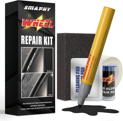 Picture of Smaphy Rim Repair Kit Curb Rash, Black Rim Touch Up Paint, Wheel Scratch Repair Kit Wheel Paint Rim Paint Pen for Wheel Repair, Matte Black for Rims(Matte Black/Liquid Aluminium Filler)