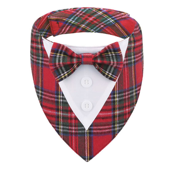Picture of ADOGGYGO Christmas Dog Tuxedo Bandana, Red Plaid Dog Chritstmas Collar with Bowtie Adjustable Dog Christmas Costume for X-Small Dogs Pets (XS, Christmas-2)