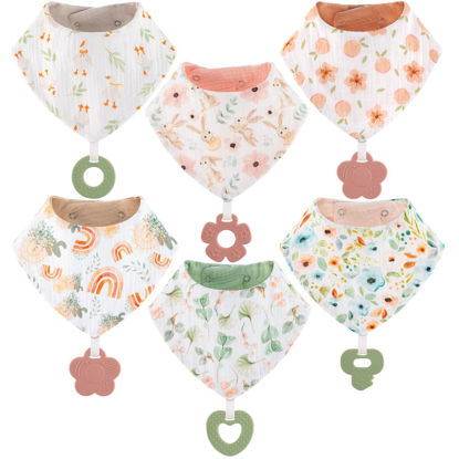 Picture of vuminbox Muslin Baby Bibs Bandana Drool Bibs 6-Pack and Teething Toys 6-Pack Made with 100% Organic Cotton, Absorbent and Soft Pattern Girls
