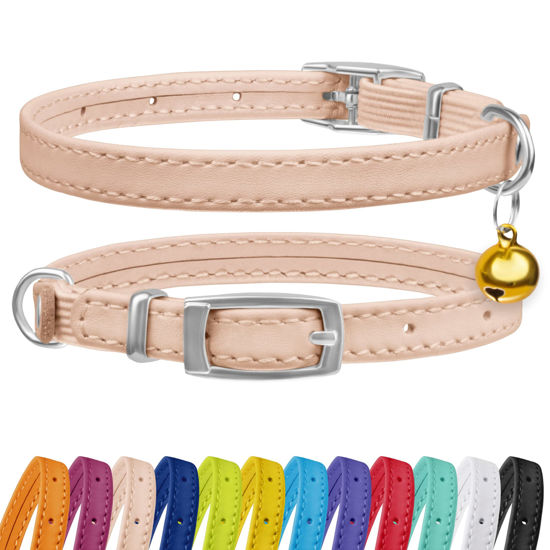 Picture of CollarDirect Leather Cat Collar with Bell - Kitten Collar, Small and Big Cat Collar for Boy Cats, Girl Cats with Safety Elastic Strap (Neck Fit 8"-11", Beige)
