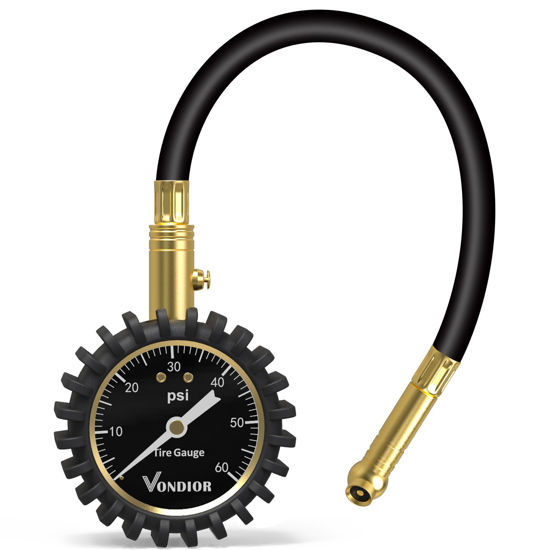 Picture of Vondior Tire Pressure Gauge with Tube (0-60 PSI), Air Pressure Gauge Certified ANSI Accurate with Large Easy to Read Glow Dial, Tire Pressure Gauge for Car Trucks Bicycle Tires (Black)