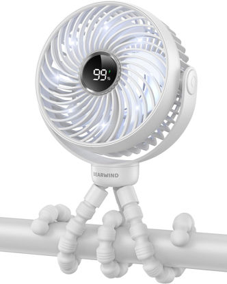 Picture of Bearwind Portable Stroller Fan for Travel, LED Night Light Clip on Fans Operated by Rechargeable Battery, Cordless Fan with Tripod Car Seat Baby Pram (White)