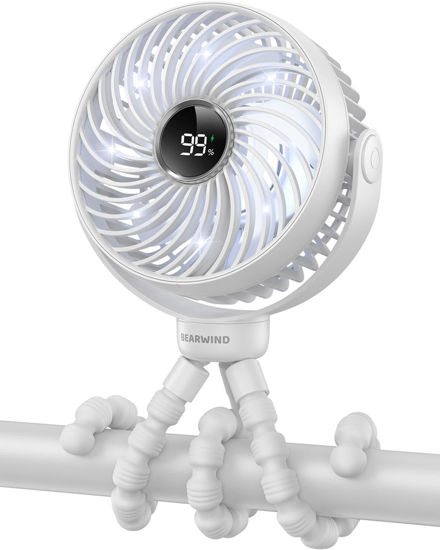 Picture of Bearwind Portable Stroller Fan for Travel, LED Night Light Clip on Fans Operated by Rechargeable Battery, Cordless Fan with Tripod Car Seat Baby Pram (White)