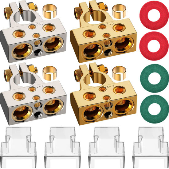 Picture of SUNMORN Battery Terminal Connectors, 0/2/4/6/8/10 AWG Battery Terminals, Heavy Duty Car Battery Terminal, Top Post Multiple Battery Terminal (Silver+Gold)