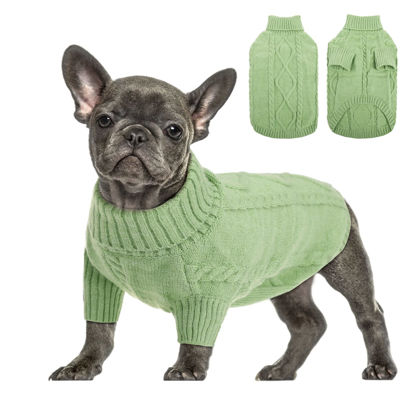 Picture of Queenmore Small Dog Pullover Sweater, Cold Weather Cable Knitwear, Classic Turtleneck Thick Warm Clothes for Chihuahua, Bulldog, Dachshund, Pug, Yorkie (Green, Large)