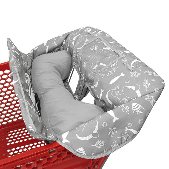 Picture of Soft Pillow Attached 2-in-1 Shopping Cart and High Chair Cover for Baby, Cotton Padded Cart Cover, Fold'n Roll Style, Portable with Carry Bag (Gray Seaworld)