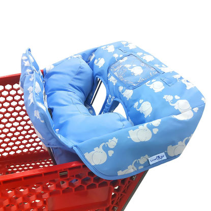 Picture of Soft Pillow Attached 2-in-1 Shopping Cart and High Chair Cover for Baby, Cotton Padded Cart Cover, Fold'n Roll Style, Portable with Carry Bag (Blue Elephant)