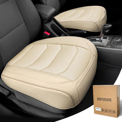 Picture of BOPUOVRE Car Seat Cover for Luxury & Comfort - PU Leather, Anti-Slip, Full Wrap Protection with Storage Pocket for Bottom Cushion - Universal Fit for 95% of Vehicles (Beige,2 Piece)