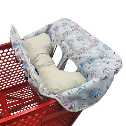 Picture of Soft Pillow Attached 2-in-1 Shopping Cart and High Chair Cover for Baby, Cotton Padded Cart Cover, Fold'n Roll Style, Portable with Carry Bag (Gray Owl)