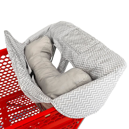 Picture of Soft Pillow Attached 2-in-1 Shopping Cart and High Chair Cover for Baby, Cotton Padded Cart Cover, Fold'n Roll Style, Portable with Carry Bag (Gray Chevron)