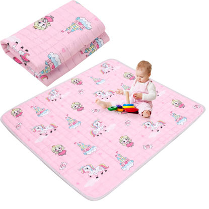 Picture of Boho Portable Baby Play Mat, 43 x 43 Inch Washable Foldable Crawling Mat, Non Slip Playmat for Babies, Kids Play Mats Pad for Floor Playpen Toddler Infants Tummy Time Activity (Pink Unicorn)