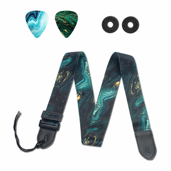 Picture of QIELIZI Guitar Strap, Guitar Strap with Leather End Length Adjustable 2 Pick Holders & 2 Matching Picks For Electric Guitar, Acoustic Guitar and Bass - Unique Gift For Guitarist(Green Quicksand)