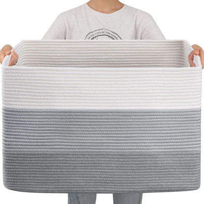Picture of OIAHOMY 108L Super Large Blanket Basket, 25”x16”x16” Rectangle Woven Baskets for Storage, Cotton Rope Basket For Living Room, Toy Basket with Handle, Basket for Organizing - Gradient Grey