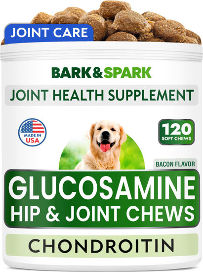 Picture of BARK&SPARK Glucosamine Chondroitin Dog Hip & Joint Supplement - Joint Pain Relief - Hip & Joint Chews - Joint Support Large Small Breed - Senior Doggie Vitamin Pill Joint Health (120 Treats - Bacon)