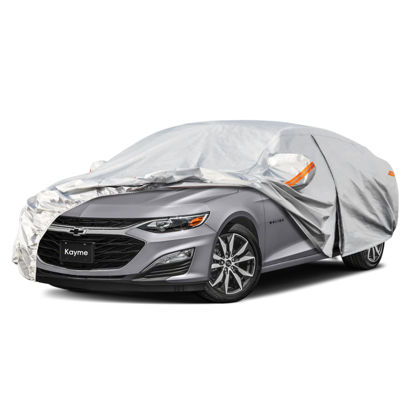 Picture of Kayme 6 Layers Car Cover Custom Fit for Chevrolet Chevy Malibu（1997-2025） Waterproof All Weather for Automobiles, Outdoor Full Cover Rain Sun UV Protection.Silver