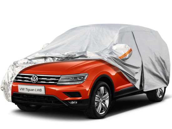 Picture of Kayme 6 Layers SUV Car Cover Custom Fit for VW Volkswagen Tiguan LWB (2018-2024) Waterproof All Weather for Automobiles, Outdoor Full Cover Rain Sun UV Protection.Silver