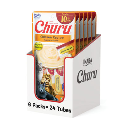 Picture of INABA Churu for Senior 10+, Creamy Lickable Cat Treats with Taurine, Vitamin E & C, 0.5 Ounces Each, 24 Tubes (4 per Pack), Chicken Recipe