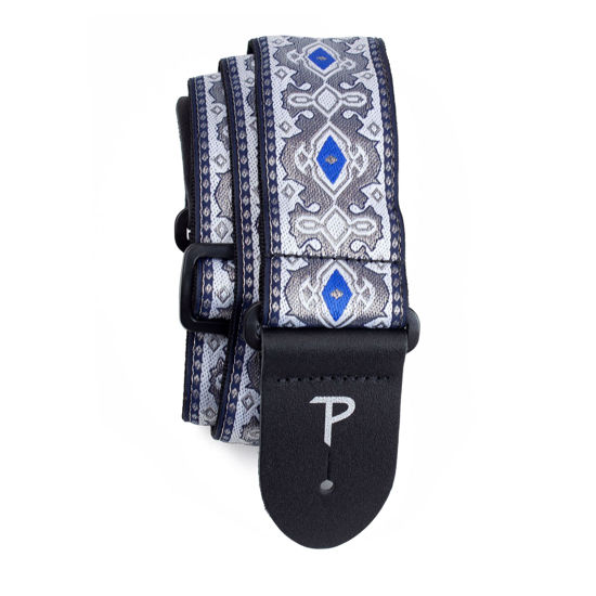 Picture of Perris Leather Guitar Strap - Jacquard Ribbon Guitar Strap, Sewn on Tubular Webbing with Leather Ends - Electric/Acoustic/Bass Guitar Strap - Adjustable Strap From 39″ to 58″ - Royal Silver (TWS-7277)