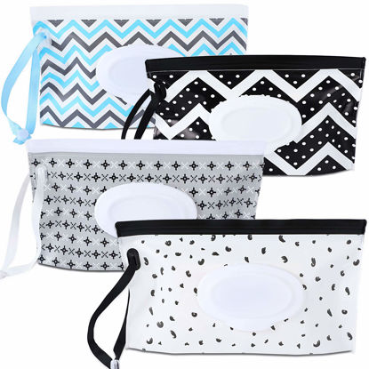 Picture of FEBSNOW 4 Pack Baby Wipe Dispenser, Portable Refillable Wipe Holder, Baby Wipes Container, Wipe Dispenser, Reusable Travel Wet Wipe Pouch (Geometric)