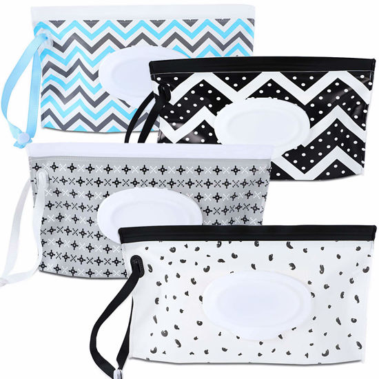 Picture of FEBSNOW 4 Pack Baby Wipe Dispenser, Portable Refillable Wipe Holder, Baby Wipes Container, Wipe Dispenser, Reusable Travel Wet Wipe Pouch (Geometric)