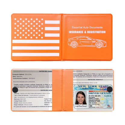 Picture of Ziciner Car Registration Insurance Holder, 2Pack Essential Auto PVC Card Document Glove Box Organizer with Velcro Closure, Universal Car Accessories for Men & Women (Orange/Back Flag)