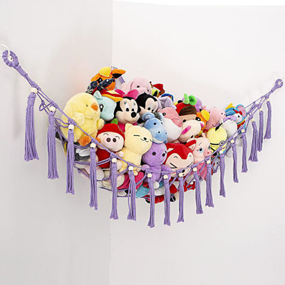 Picture of YKBU Stuffed Animals Hammock Corner Hanging Net with Wooden Beads Macrame Stuffed Animal Storage Ideas Plush Holder Toy Organizer for Boho Nursery Playroom Bedroom Kids Room Decor (Purple, X-Large)