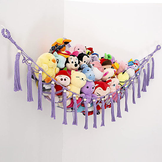 Picture of YKBU Stuffed Animals Hammock Corner Hanging Net with Wooden Beads Macrame Stuffed Animal Storage Ideas Plush Holder Toy Organizer for Boho Nursery Playroom Bedroom Kids Room Decor (Purple, X-Large)