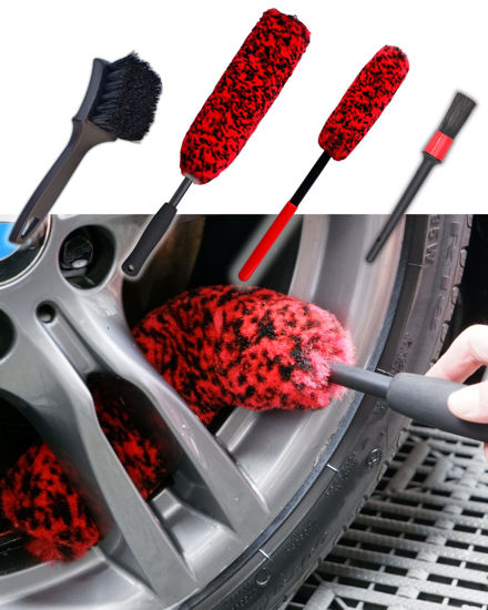 Picture of oesee Professional 4 Pack Long Handle Wheel Brush Kit for Cleaning Wheel and Tire- 2X Soft Wheel Cleaning Brush, Detailing Brush and Stiff Tire Brush, Bendable& Durable Wheel Rim Cleaner Brush Set
