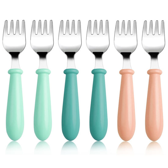 Picture of Pimoys 6 Pieces Toddler Forks Baby Forks Kids Forks with Round Handle, Stainless Steel Toddler Utensils Baby Silverware Metal Cutlery Set BPA Free, Dishwasher Safe