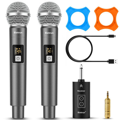 Picture of Bietrun Wireless Microphone, UHF Dual Handheld Cordless Dynamic Metal Mic Set with Rechargeable Receiver, 1/4'' Plug Output, for Karaoke, Church, Wedding, Party Singing(98 ft Range)(Auto Connect)