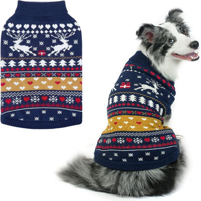 Picture of PUPTECK Christmas Dog Sweaters for Cold Weather, Soft Outfit Warm Winter Coat Knitted Dog Clothes for Small Medium Large Doggies Puppy Indoor Outdoor Walking, Colorful Design, Classic, Navy ML