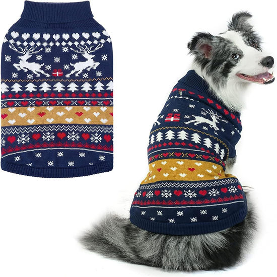 Picture of PUPTECK Christmas Dog Sweaters for Cold Weather, Soft Outfit Warm Winter Coat Knitted Dog Clothes for Small Medium Large Doggies Puppy Indoor Outdoor Walking, Colorful Design, Classic, Navy ML