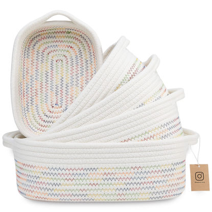 Picture of NaturalCozy 5-Piece Rectangle Storage Basket Set- Natural Cotton Rope Woven Baskets for Organizing! Small Basket for Montessori, Baby Nursery, Dog Toy Baskets, Cat Toy Box, Bathroom Organization Bin