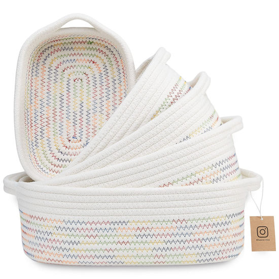 Picture of NaturalCozy 5-Piece Rectangle Storage Basket Set- Natural Cotton Rope Woven Baskets for Organizing! Small Basket for Montessori, Baby Nursery, Dog Toy Baskets, Cat Toy Box, Bathroom Organization Bin
