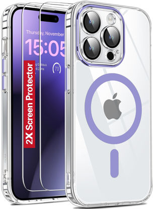 Picture of 𝟐𝟎𝟐𝟑 𝑵𝒆𝒘 Designed for iPhone 15 Pro Case Clear,[2X Screen Protector][30X Anti-Yellow][Compatible with Magsafe][Built-in Camera Protector], 15FT Shockproof iPhone 15 Pro Phone Case 6.1"-Purple