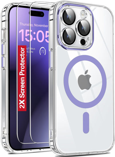 Picture of 𝟐𝟎𝟐𝟑 𝑵𝒆𝒘 Designed for iPhone 15 Pro Case Clear,[2X Screen Protector][30X Anti-Yellow][Compatible with Magsafe][Built-in Camera Protector], 15FT Shockproof iPhone 15 Pro Phone Case 6.1"-Purple