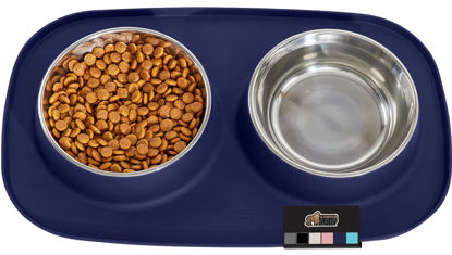 Picture of Gorilla Grip 100% Waterproof BPA Free Cat and Dog Bowls Silicone Feeding Mat Set, Stainless Steel Bowl Slip Resistant Raised Edges, Catch Water, Food Mess, No Spills, Pet Accessories, 1 Cup, Navy