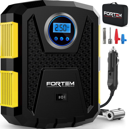 Picture of FORTEM Tire Inflator Portable Air Compressor 150 PSI, Bike Pump, 12V Electric Air Pump for Car Tires and Bicycles w/LED Light, Digital Tire Pressure Gauge w/Auto Pump/Shut Off, Carrying Case (Yellow)