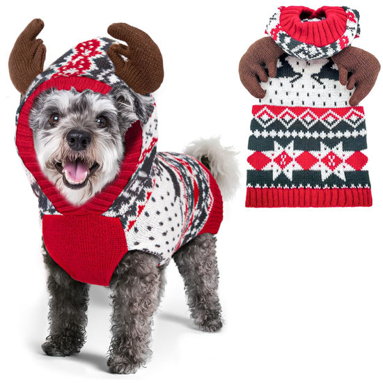 Picture of KYEESE Dog Christmas Sweater Holiday Hoodie with Leash Hole Reindeer Medium Dogs Knitwear Pullover Ugly Christmas Dog Sweaters for Small Dogs Dog Christmas Outfit, XL