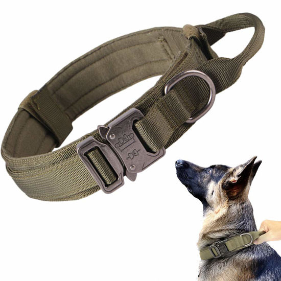 Picture of Tactical Dog Collar Military Dog Collar Adjustable Nylon Dog Collar Heavy Duty Metal Buckle with Handle for Dog Training (Green,L)